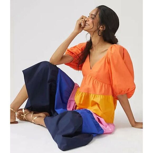Farm Rio for Anthropology   Colorblock Maxi Dress Balloon Sleeve Tiered Dress XS - Picture 3 of 7
